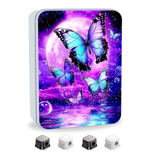 Image of Metal Tin Box with Lid for Game Cards Home Organizer Candles Keys Crafts Storage - Equipped with 4 Magnetic Cord Clips,Purple Moon Blue Butterfly