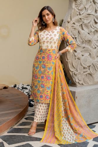 Image of MIRCHI FASHION Women's Straight Fit Pure Cotton Embellished Floral Printed Kurta Set with Dupatta and Trouser
