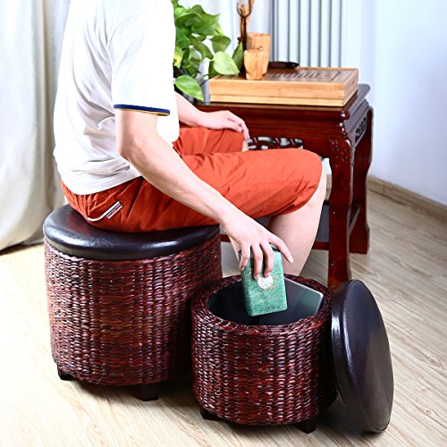 Eshow Storage Ottoman, Set Of 2 Rattan Ottoman With Storage, Ottomans Foot Rest Pouf Ottoman Foot Stools Cube Decoration Furniture Leather Ottoman Seating Storage Bench Ottoman With Tray #TOP5
