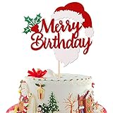 1 PCS Glitter Merry Birthday Cake Topper Assembled Holly Leaves and Berries Santa Claus Beard Cake Pick Decorations for Merry Christmas Theme Baby Shower Kids Birthday Party Supplies Red -  ZHUOWEISM