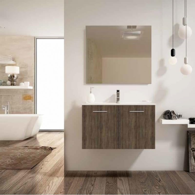Mueble de Baño Suspendido Mallorca con Lavabo Cerámico y Espejo, 2 Puertas (Britania, Ancho 60 cm)
