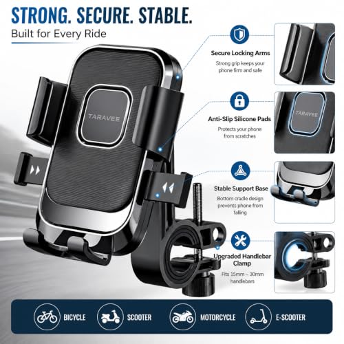 Image of Bike Phone Holder for Handlebar, One-Touch Lock Mobile Mount, 360 Rotatable Motorcycle Phone Holder, Shockproof Anti-Slip Clamp for 4-6.9 Inch Smartphones, Bicycle & Scooter (BS-01)