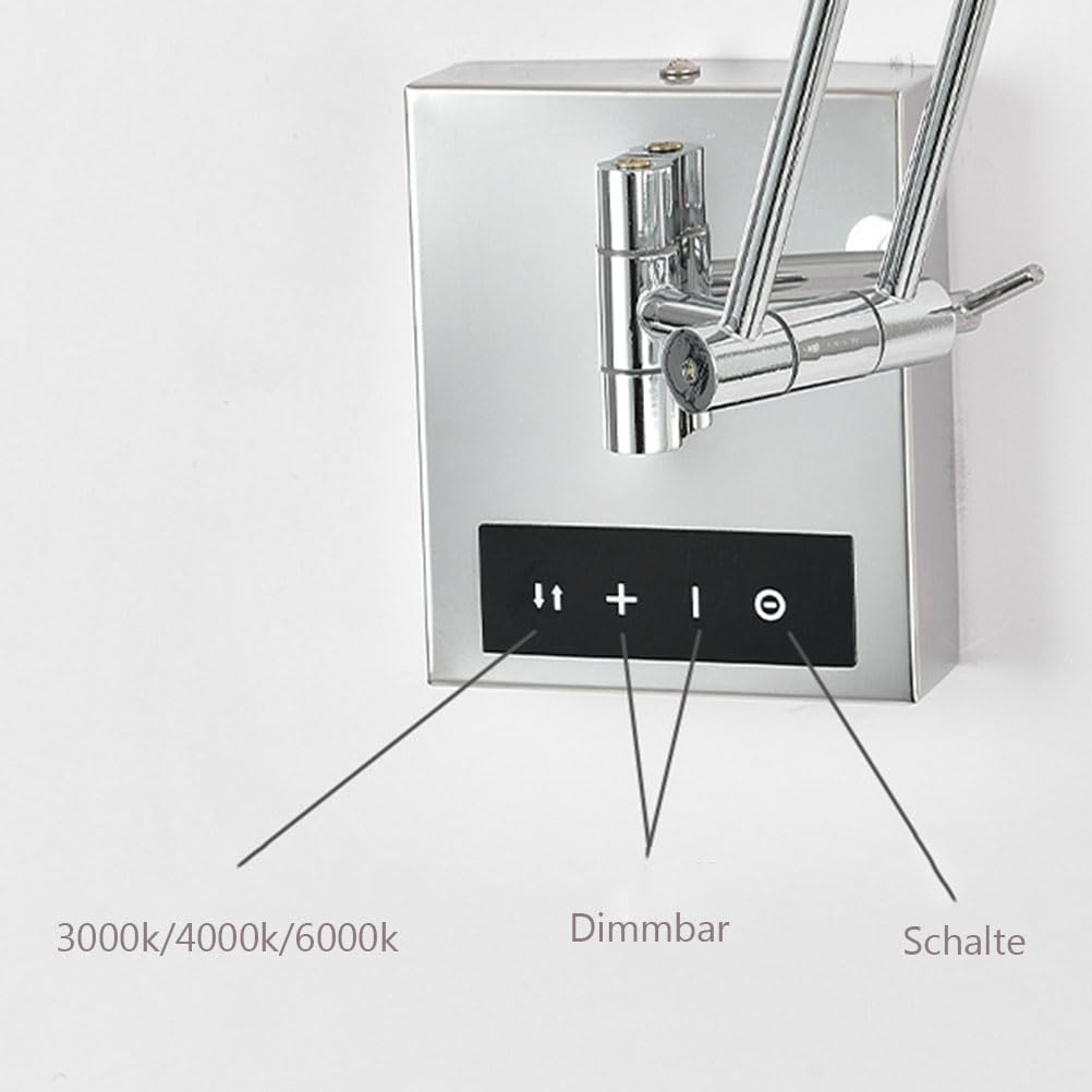 AoLa Chrom Wandlampe mit Schalter Touch Dimmbar Wandleuchte Verstellbare Schwenkarm Wandstrahler 3000K-6000K Nachttischlamp Wand Leselampe Modern Wandbeleuchtung für Schlafzimmer Wohnzimmer Studie