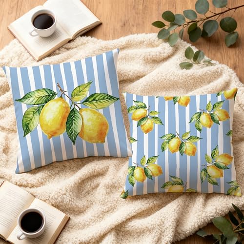 Image of Summer Blue and Yellow Italian Mediterranean Amalfi Coast Lemon Pillow Cover Decor 18x18,Italian Striped Decorative Throw Pillow Cover Decor for Couch Double-Sided Set of 2