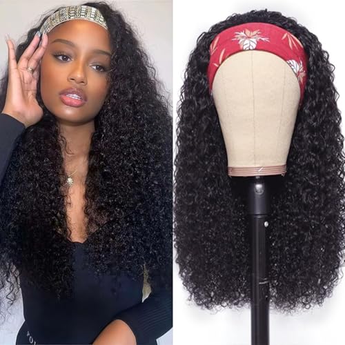 Image of 30 Inch Curly Headband Wig Human Hair 200 Density Kinkycurly Wig Human Hair None Lace Front Wigs for Black Women Natural Color, 100% Human Hair, No Shedding