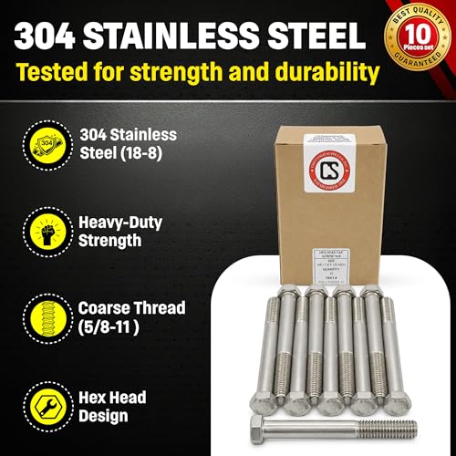 Image of Chenango Supply 5 /8-11 x 5-1 /2 inch Stainless Steel Hex Head Bolts | 304 Stainless, USS Coarse Thread, 100,000-125,000 PSI Tensile Strength, Corrosion-Resistant Hardware Bolts, (10 Pieces)