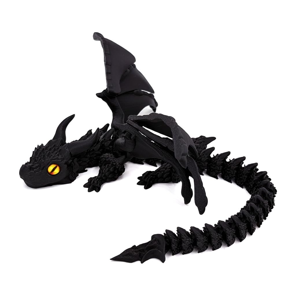 3D Printed Dragon with Wings Toy, 30cm Black Articulated Flying Figurine