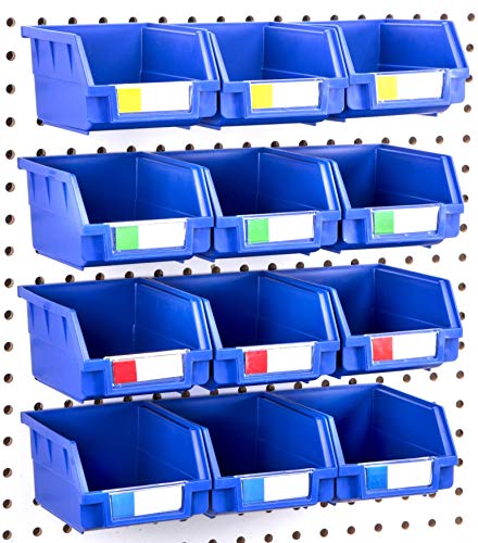 Right Arrange Pegboard Bins - 12 Pack Blue Large - Hooks to Any Peg Board - Organize Hardware, Accessories, Attachments, Workbench, Garage Storage, Craft Room, Tool Shed, Hobby Supplies, Small Parts