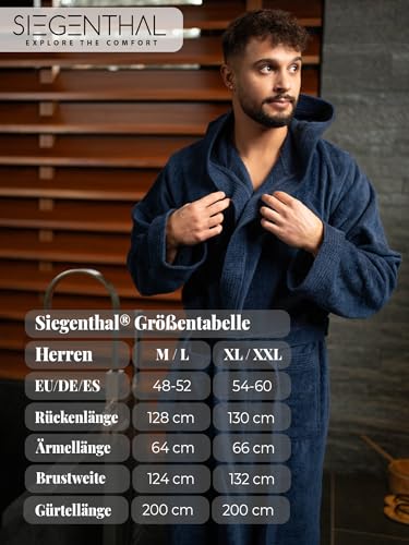 SIEGENTHAL® Herren Bademantel Frottee Velours 100% Baumwolle - Kapuzenbademantel, weich, saugfähig, warm, lang, Luxus, Premium, Wellness, Spa, hochwertige Verarbeitung, Dunkelblau M L