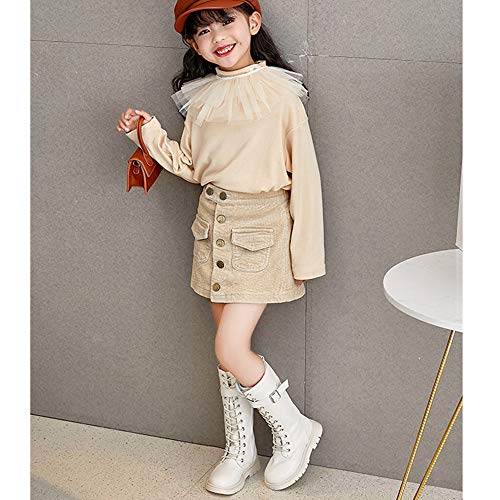 TangDao Girl's Fashion Waterproof Leather Buckle Lace-Up Side Zipper Knee High Mid Calf Combat Riding Boots Girls Autumn Winter Boots(1.5 M US Big Kid,Beige)4