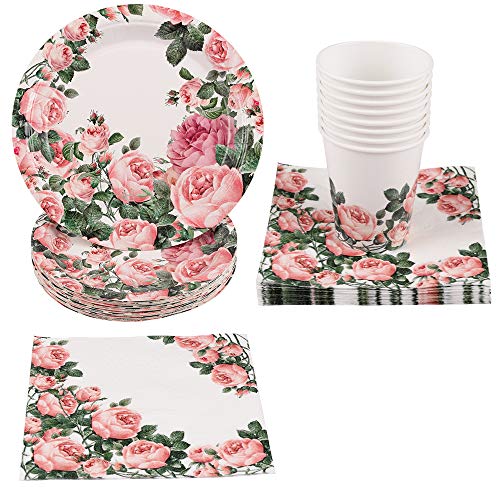 PartyFun 100PCS Party Paper Goods for Adults Mother's Birthday Party for Women Includes Disposable Plates, Cups, Napkins, For Tea Party, Weddings, Birthdays, Baby Shower and Anniversary, for 25 Guests