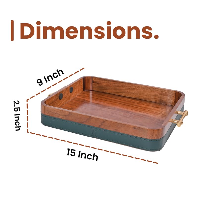 Image of Wooden Serving Tray with Stylish Handles - 15 Inch Rectangular Wooden Tray for Coffee Table, Kitchen, Breakfast & Home Decor | Multipurpose Organizer & Gift (Leather Fabric Accent)