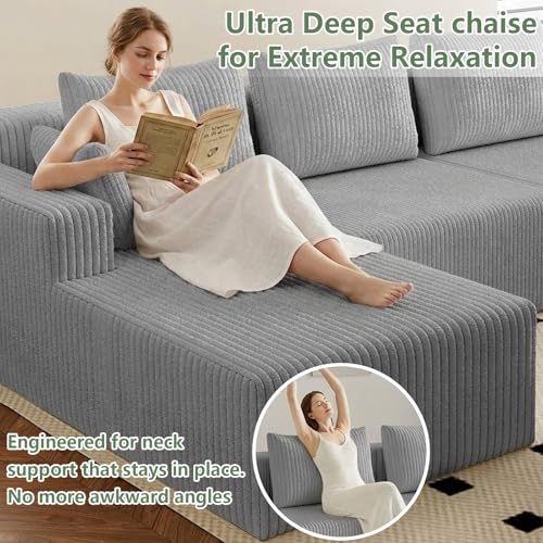 Image of 142 inch Cloud Sectional Boneless Couches for Living Room, Modular U Shaped Couch with 2 Chaise, Modern Comfy Deep Seat Corduroy Memory Foam Compressed Sofa for Apartment, Light Grey