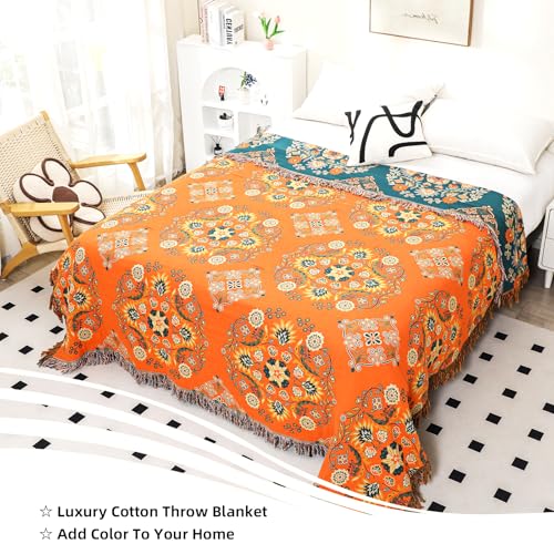 Boho Large Throw Blanket, 100% Organic Cotton Breathable Soft Bed Throw - Floral Farmhouse Decor Blanket for Sofa Couch Chair and Gift. 91" x 98"- Orange