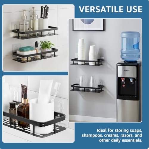 Image of Amazon Basics Self-Adhesive Aluminium Bathroom Wall Shelf | Water-Resistant | Pack of 2 | Tool-Free Installation | Black | 30D x 13W x 5.5H cm
