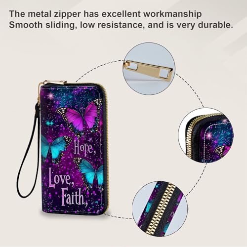 Women's Card Holder Wristlet Wallet, Convenient Travel Long Wallet with Strap and Pink Compact Mirror, Fashion and Sturdy Wristlet Long Purse for Women, Purpul Butterflies4