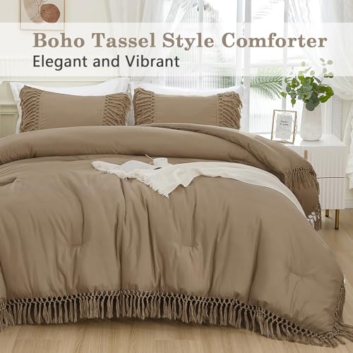Image of Andency Taupe Comforter Set Queen, 3 Pieces Boho Tassel Lightweight Soft Bedding Comforter Sets, All Season Fluffy Fringe Bed Set (90x90In Comforter & 2 Pillowcases)