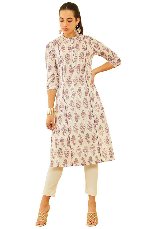 SochWomens Plurple & Off-White Cotton Floral Printed Princess Line Panelled Kurta
