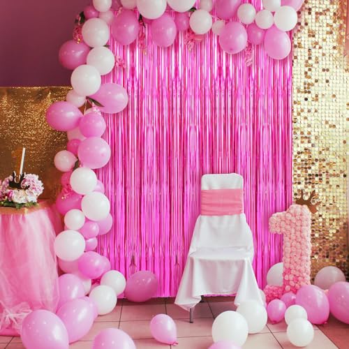 Image of 2 Pack Hot Pink Foil Fringe Curtains Streamers Party Decorations 3.3 x 8.2 ft, Tinsel Curtain Fringe Backdrop for Parties, Door Fringe Birthday Streamers, Photo Booth Backdrops, Party Decor