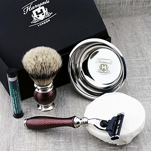 Haryali Maroon Antique zestaw do golenia dla mężczyzn z 3-krawędziową maszynką do golenia, srebrną szczotką z włosia borsuczkowego, miską do golenia, pisakiem do launu i mydłem do golenia
