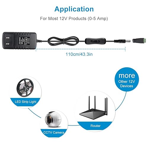 Miniatura 8 de Fuente de alimentación de 12 V, fuente de alimentación de 12 voltios 3A 36 W CC con interruptor de encendido y apagado, adaptador de corriente LED