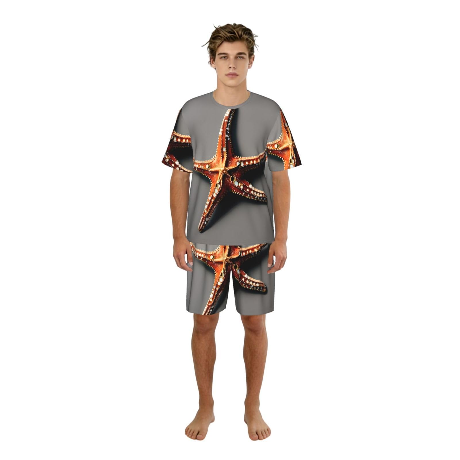 Bonito conjunto de pijama clásico con estampado de estrella de mar, pantalones cortos de pijama suaves para hombre, perfecto para las noches de verano