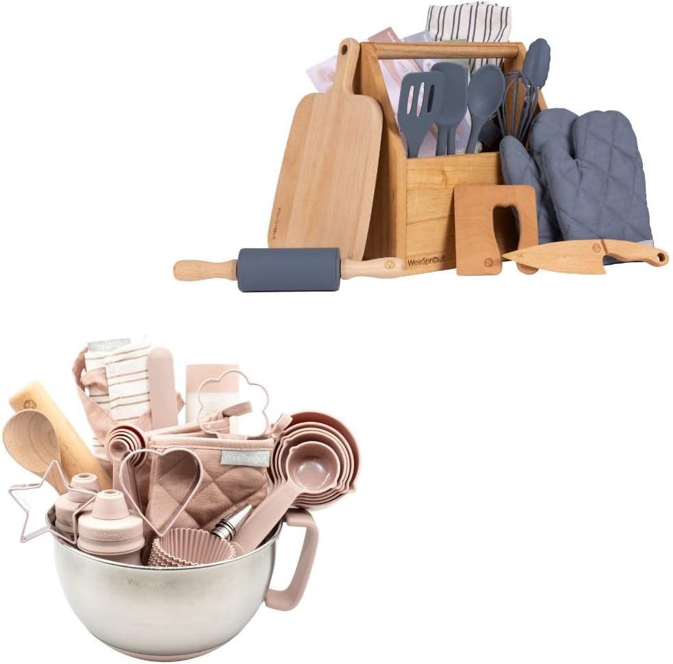 WeeSprout Cooking and Baking Kit Bundle for Kids - Child-Sized Utensils & Accessories - Includes Apron, Oven Mitts, Silicone Mats & Liners - Cooking Set for Kids Ages 6-12 - Pink & Navy