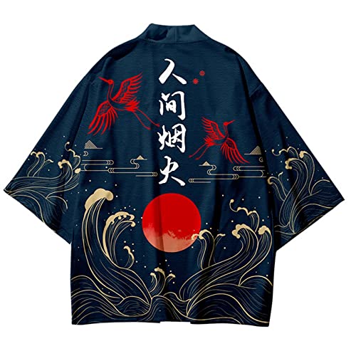 Image of DOSLAVIDA Men's Japanese Kimono Jacket Set Stylish Open Front Coat With Shorts Chinese Style Printed Cardigan Suit