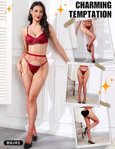 Image of RSLOVE Women's Fishnet Suspender Stockings - High Waist Fishnet Tights Sexy Lingerie for Intimate & Daily Wear
