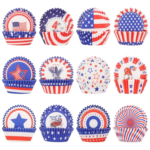Image of 600 Pack 4th of July Cupcake Liners - Patriotic Red White Blue Baking Cups, Standard Size Muffin Wrappers for Independence Day Party, Cake & Candy Decorations(12 Styles)