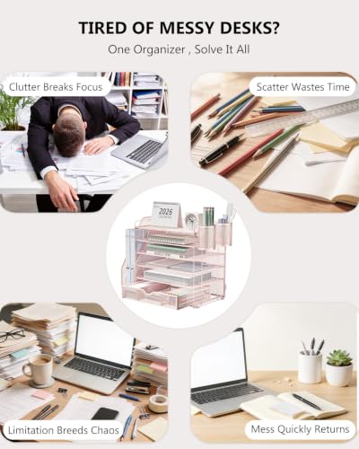 Image of WALI Desk File Organizer, 6 Tier Desktop Paper Letter Tray Organizer with Drawer and 2 Pen Holders, Office Desk Accessories & Workspace Organizers for Office, Home Supplies(DO007DH-P), 1 Pack, Pink