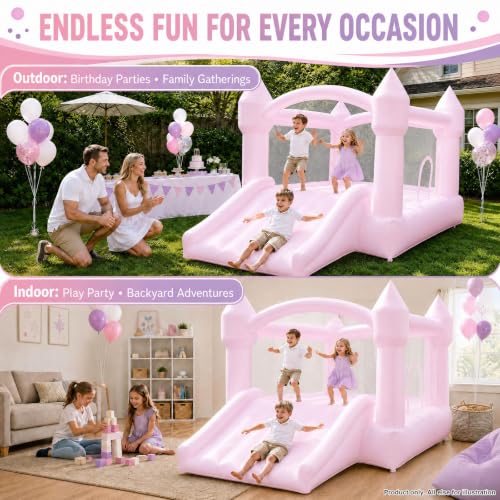 Image of AKSPORT Pink Bounce House for Kids, Inflatable Bounce House with Slide