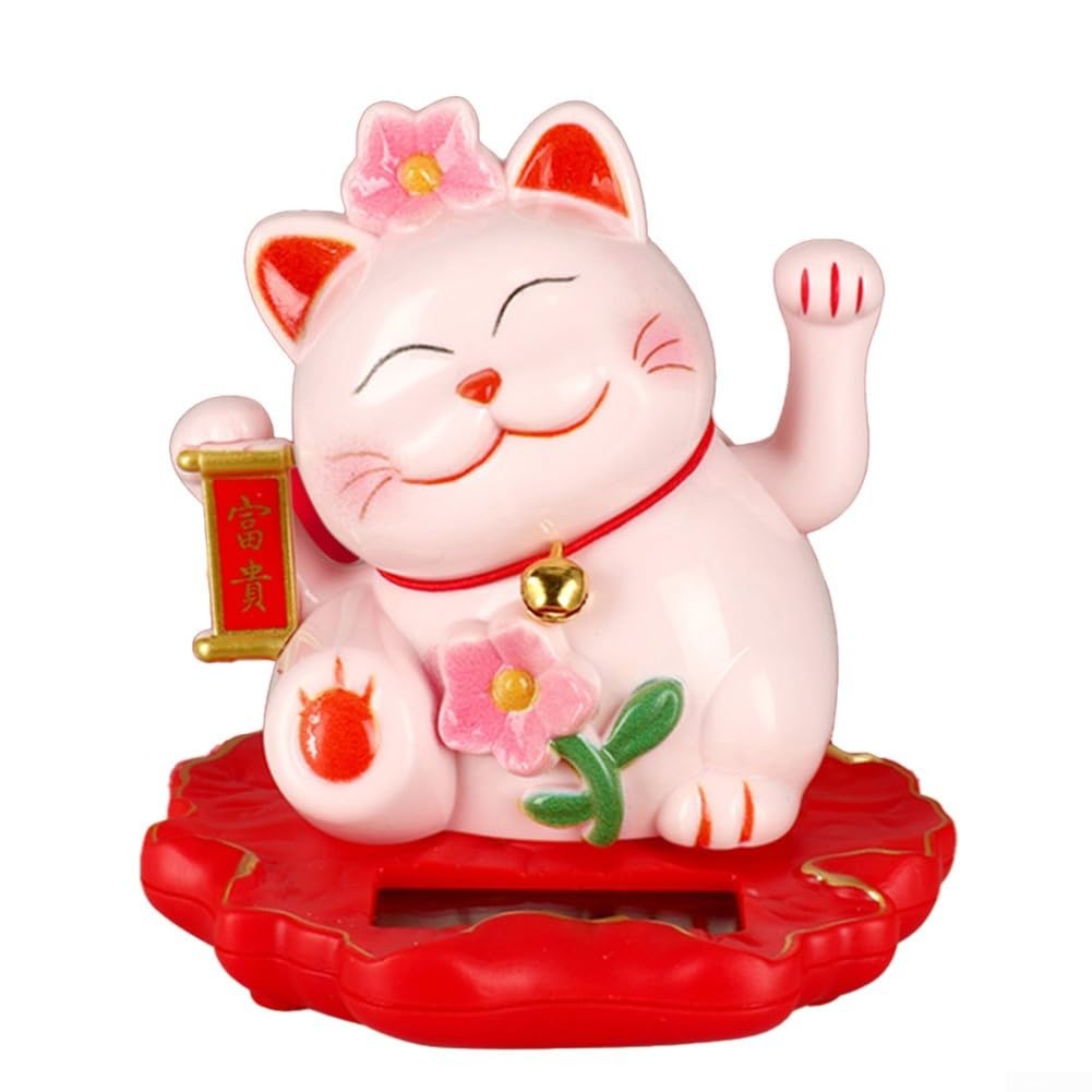Lucky Cat, Waving Cat Solar Powered Maneki Neko Waving Cat, Waving Hands Fortune Cat Good Luck Wealth Welcoming Cat Home Car Decor(2312-Pink)