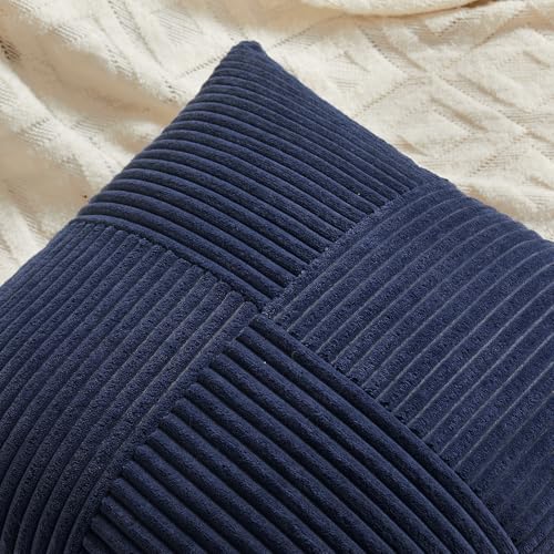 Image of Fancy Homi 2 Packs Navy Blue Lumbar Decorative Throw Pillow Covers 16x32 Inch for Living Room Couch, Rustic Farmhouse Boho Home Decor, Soft Striped Corduroy Rectangle Accent Cushion Case 40x80 cm