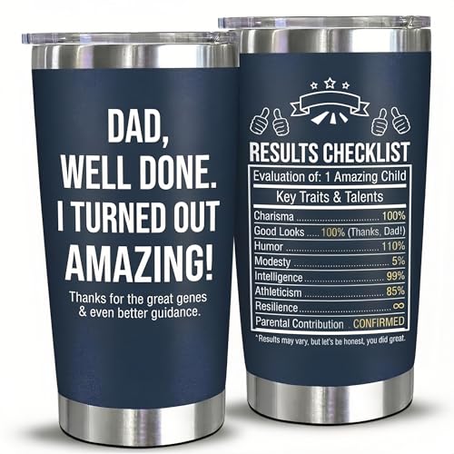 ZTDIXF Funny Tumbler for Dad - 20oz Vacuum Insulated Stainless Steel Travel Coffee Mug with Lid - Dad Well Done I Turned Out Amazing Novelty Cup from Daughter Son, Navy Blue