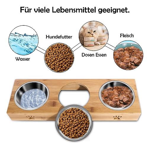 Katzennapf 3er Set mit Name, OXYEFEI Hundenapf Erhöht Bambus Personalisiert mit Text Design und rutschfest Bambussockel Für Kleine Mittelgroße Katzen/Hunde