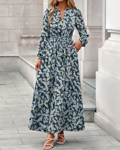 BTFBM Women Boho Maxi Dress Fall Fashion 2025 Floral Long Sleeve V Neck Button Pockets Flowy Vacation Wedding Dresses4