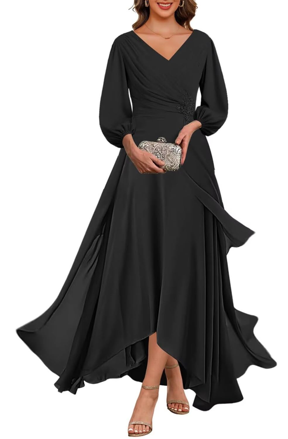 Kiyne Women's Black Mother Of The Bride Dresses Long For Ankle Length Chiffon Mother Of The Groom Dress With Sleeves Uk14