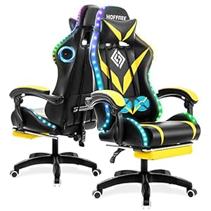 Massage Gaming Chair with Bluetooth Speakers and RGB LED Lights Ergonomic Computer Gaming Chair with Footrest Music Video Game Chair High Back with Lumbar Support Yellow and Black