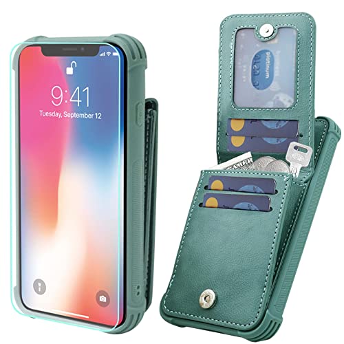 VANAVAGY Compatible for iPhone Xs/iPhone X Wallet Case for Women and Men,Leather Magnetic Clasp Flip Folio Phone Cover with Credit Card Holder and Coin Pocket,Forest Green