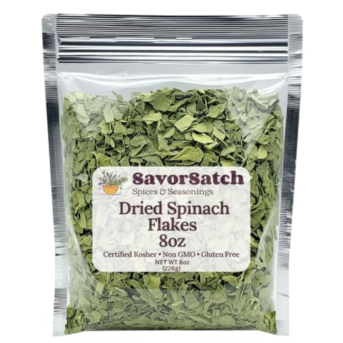 SavorSatch Dried Spinach Flakes – Dehydrated Spinach Leaves, 8oz Resealable Pouch, Certified Kosher, Emergency Food Supply for Cooking, Camping, Backpacking, Soups, Sauces, Dips, Breads & Seasoning