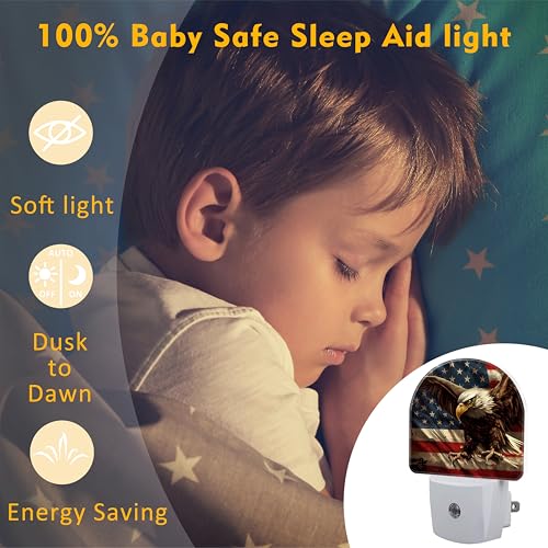 Image of American Flag with Eagle Night Light Plug into Wall,Retro The USA Flag Patriotic Dusk to Dawn Night Light Plug in,0.5w Energy Saving Sleep Friendly NightLight for Kids Boys Girls Home Decor