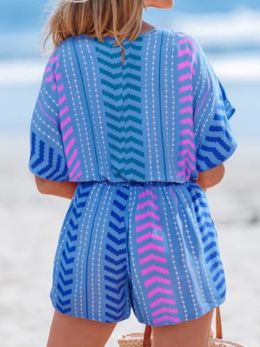 Image of CUPSHE Womens Summer Romper Short Sleeve Plunge V Front Tie Wide Leg Jumpsuit Elastic Waist Beach Workout Romper Outfits