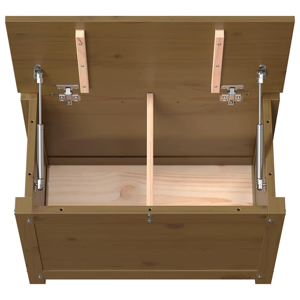 Baúl marrón miel 60 x 32 x 45,5 cm caja de almacenamiento de madera maciza de pino con tapa y muelle de gas, caja rústica para salón y pasillo, caja de madera versátil