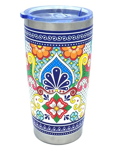 Kuali Tonaltin 20oz Stainless Steel Insulated Tumbler, Colorful Design, Leak Resistant Lid, Travel, Cup Holder Friendly, Eco-Friendly, Re-Usable, Vaso Para Cafe, Aztec, Nahuatl, Talavera