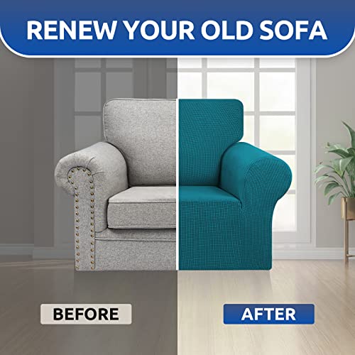 KEKUOU Stretch Single Sofa Slipcover 1 Piece Couch Sofa Cover (31"-55") Furniture Protector 1 Seater Sofa with Elastic Bottom for Kids,Pet.Jacquard Small Checked Pattern Fabric(Small,Peacock Blue)