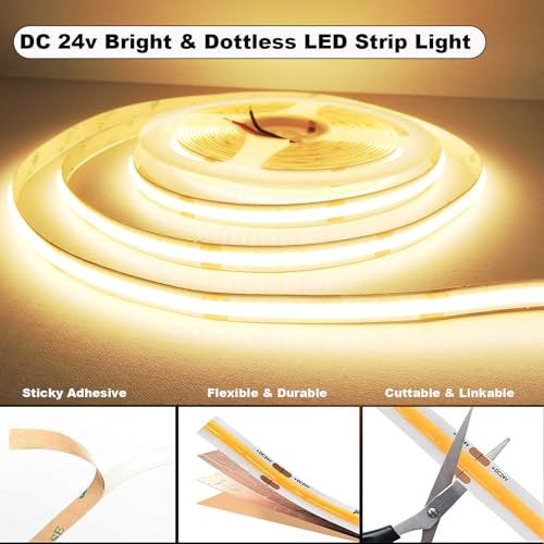 Image of COB Light Strip CRI 93+ Warm White Led Strip Lights 3000K 24V 16.4 ft Flexible Uniform Non-Waterproof Under Cabinet Bedroom Kitchen Closet DIY Lighting Decor - Power Supply Not Included
