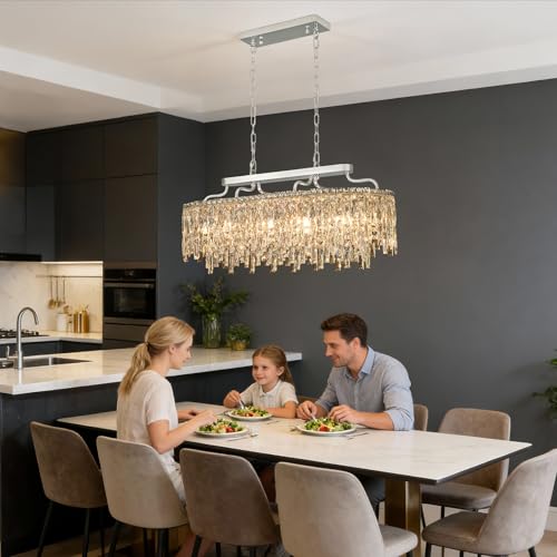 Image of 12-Lights Chrome Oval Crystal Chandeliers for Dining Room 36 inch