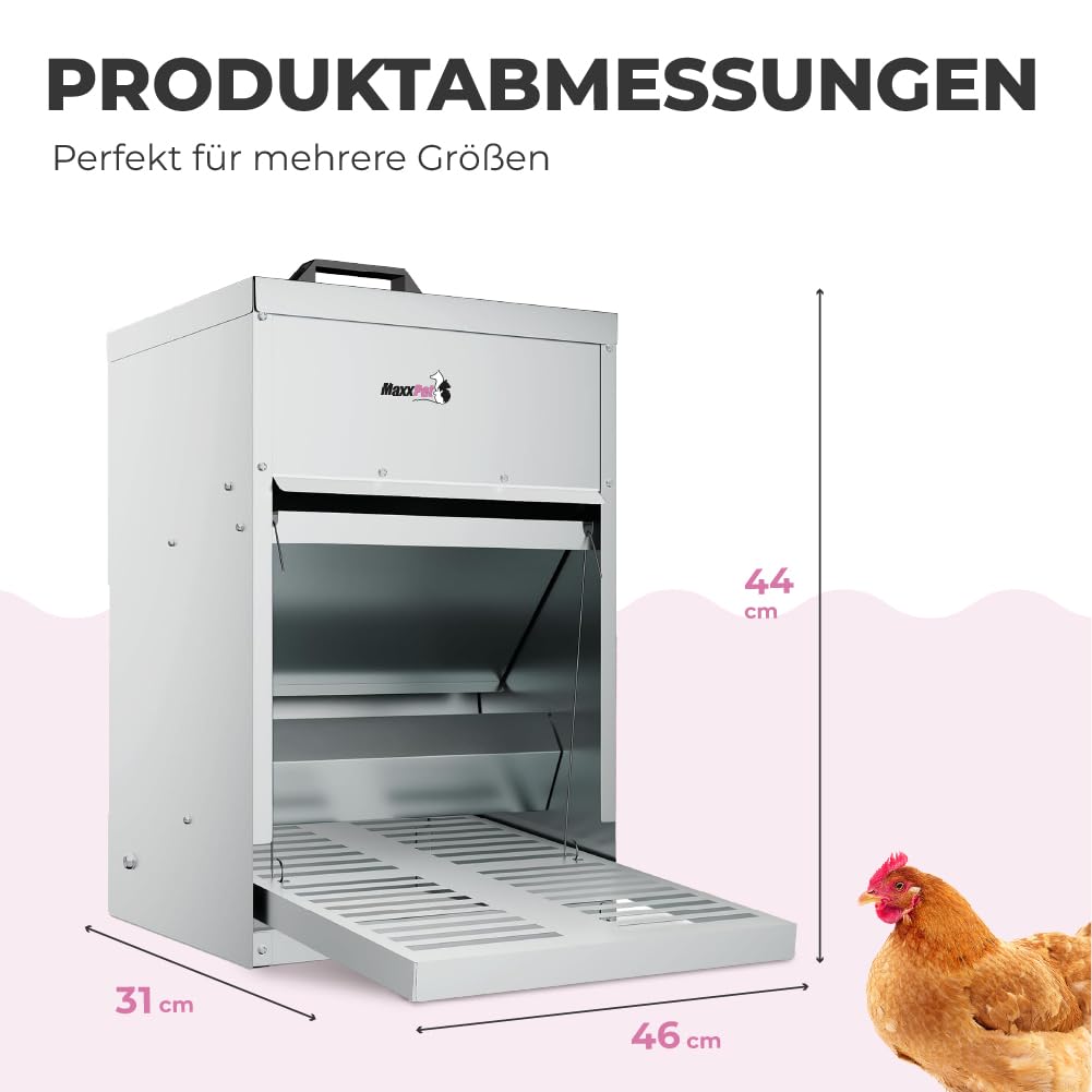 Automatischer Hühner-Futterspender – 18 Kg Fassungsvermögen, 6 Anschlüsse, Metall, Mit Deckel