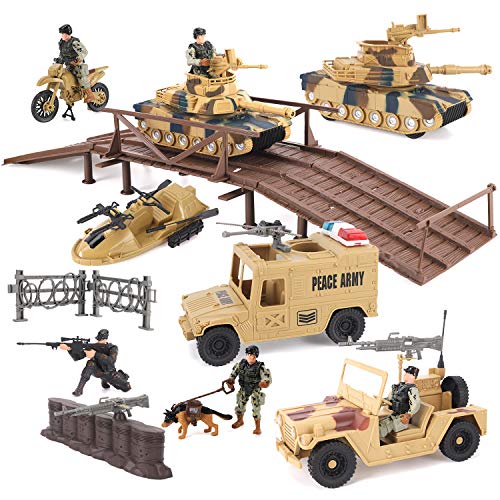 Military Toys Army Action Combat Zone - 42 Piece Huge Playset with Large Tanks, Boat, Motorcycle, Trucks, Soldier Figures and Accessories
